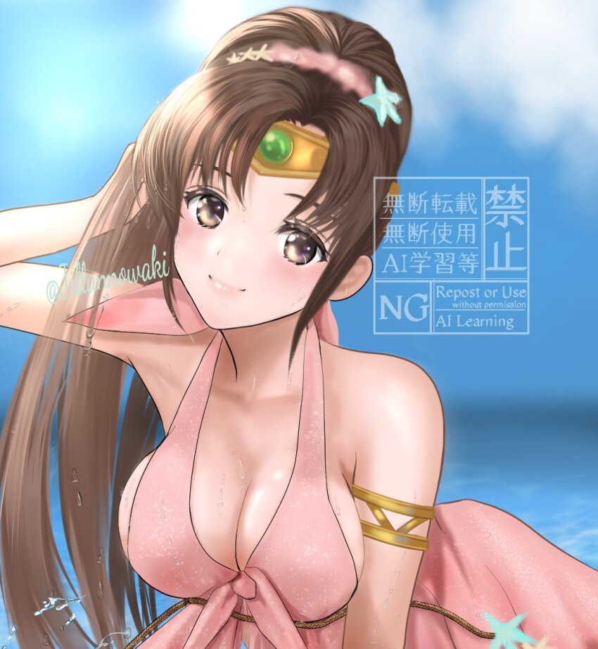 1girl armlet bare_shoulders blue_sky breasts brown_eyes brown_hair cleavage closed_mouth commentary_request fire_emblem fire_emblem:_mystery_of_the_emblem fire_emblem_heroes hand_in_own_hair jewelry jilliannowaki large_breasts linde_(fire_emblem) linde_(summer_rays)_(fire_emblem) long_hair looking_at_viewer nintendo official_alternate_costume sky smile solo swimsuit twitter_username upper_body wet