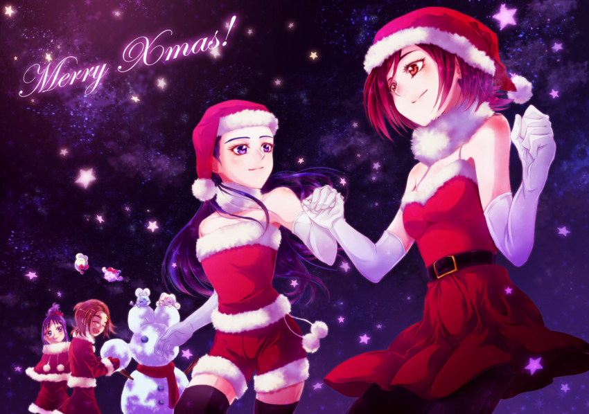 00s 4girls belt black_legwear brown_hair choppy dress elbow_gloves eyelashes flappy foop futari_wa_precure_splash_star gloves holding_hands hat hyuuga_saki ivory_(25680nico) kiryuu_kaoru kiryuu_michiru long_hair mishou_mai moop multiple_girls pantyhose precure purple_background purple_eyes purple_hair red_dress red_eyes red_hair santa_costume santa_hat short_hair shorts skirt smile snowman star_(symbol) thighhighs white_gloves