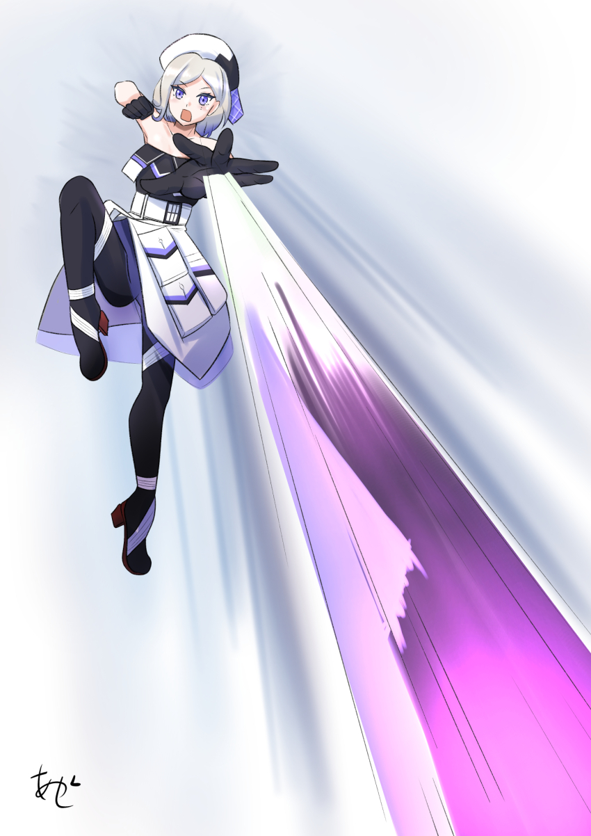 1girl akashieru bare_shoulders blonde_hair blue_eyes blue_hair dress fighting_stance foreshortening gradient_hair highres jean_bart_(kancolle) kantai_collection looking_at_viewer mole mole_under_eye multicolored_hair off-shoulder_dress off_shoulder pale_skin scarf short_hair solo unconventional_weapon white_dress