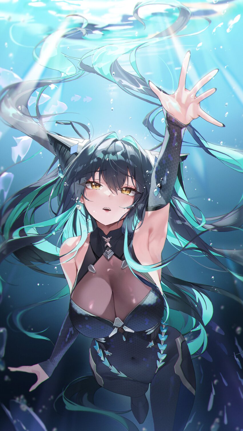 1girl absurdly_long_hair absurdres arm_up armpits bare_shoulders blush bodysuit breasts choyeon colored_inner_hair commentary_request covered_navel fish goddess_of_victory:_nikke green_hair highres korean_commentary large_breasts little_mermaid_(nikke) long_hair looking_up multicolored_hair open_hand parted_lips solo submerged underwater very_long_hair water yellow_eyes