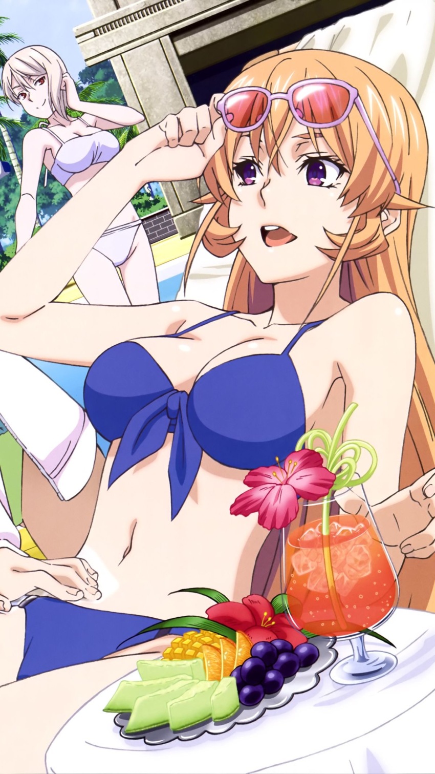 2girls :d bikini blonde_hair breasts cleavage collarbone drink drinking_straw eyewear_on_head food front-tie_top fruit grapes hand_on_own_hip highres long_hair multiple_girls nakiri_erina navel open_mouth purple_eyes shokugeki_no_souma short_hair smile strawberry sunglasses swimsuit