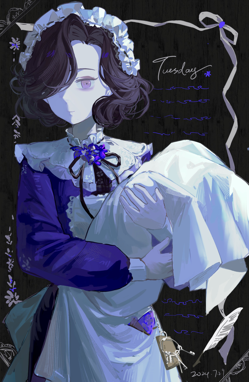 1girl absurdres apron black_background black_hair black_ribbon blanket character_name closed_mouth dated dongfang_shuyechu dress hair_over_one_eye hands_up highres holding holding_blanket key long_sleeves looking_at_viewer maid maid_headdress neck_flower neck_ribbon one_eye_covered pale_skin purple_dress purple_eyes quill reverse:1999 ribbon ribbon_border short_hair sidelighting solo swaddled tuesday_(reverse:1999) upper_body white_apron white_ribbon