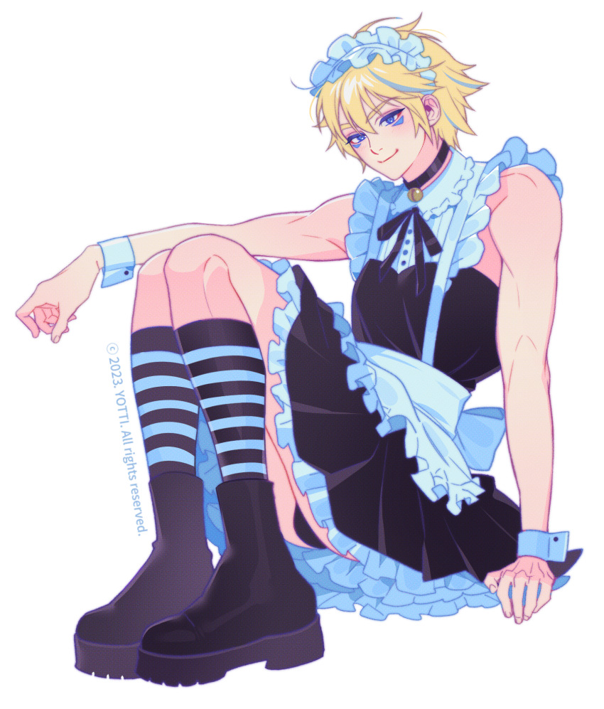 1boy bell black_dress black_footwear black_panties black_ribbon blonde_hair blue_eyes bulge choker crossdressing dress ezreal full_body highres knees_up league_of_legends looking_at_viewer maid_headdress male_focus neck_bell outstretched_arm panties ribbon short_hair socks solo striped_clothes striped_socks underwear wrist_cuffs yotti