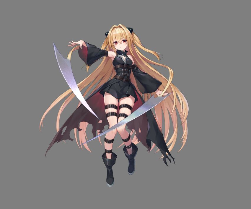 1girl absurdres armpits artist_request bare_legs belt blonde_hair boots corset detached_sleeves dress full_body grey_background hair_between_eyes hair_intakes hair_ornament hair_weapon hand_up highres knife konjiki_no_yami long_hair official_art outstretched_arm parted_lips ragnador red_eyes shin_strap simple_background skindentation skirt sleeveless sleeveless_dress solo standing thigh_strap to_love-ru to_love-ru_darkness torn_clothes torn_skirt very_long_hair wide_sleeves