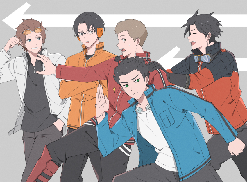 5boys ^_^ arashiyama_jun black_eyes black_gloves black_hair black_pants black_shirt blue_jacket brown_hair closed_eyes cowboy_shot crossed_arms closed_eyes eyewear_on_head glasses gloves goggles goggles_around_neck green_eyes hand_in_pocket hand_up hands_on_shoulders headphones ikoma_tatsuhito jacket jin_yuuichi kakizaki_kuniharu male_focus multiple_boys open_mouth orange_jacket pants profile red_jacket shirt short_hair sparkle standing sunglasses sweatdrop walking white_jacket white_shirt world_trigger yawai_tofu yuba_takuma