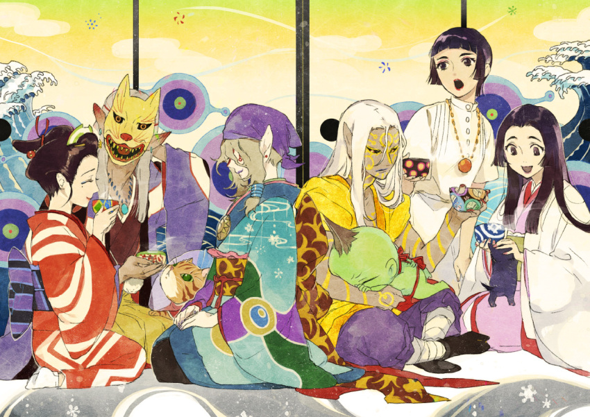 3girls 4boys :d :o ^_^ animal animal_on_lap aqua_kimono ayakashi:_japanese_classic_horror back-to-back bandaged_leg bandages black_cat black_sclera black_socks blue_eyeshadow blunt_bangs blunt_ends blunt_sidelocks blush bodypaint brown_eyes brown_hair brown_kimono brown_sash cat cat_on_lap chawan closed_eyes closed_mouth colored_sclera colored_skin commentary_request crossed_legs cup dark_persona dark_skin ear_blush earrings elbow_rest eyeshadow facepaint fox_mask green_sash green_skin grey_hair hair_ornament hair_over_eyes hair_stick hands_on_lap haori holding holding_cup ichikawa_setsuko japanese_clothes jewelry kimono kitten kusuriuri_(mononoke) kusuriuri_(shingi)_(mononoke) lips lipstick long_bangs long_hair long_sleeves looking_at_another low-tied_sidelocks lying_on_lap makeup mask mii_(chibinomi) mole mole_under_eye mononoke multiple_boys multiple_girls necklace nihongami noppera-bou noppera-bou_(mononoke) obi ochou on_lap open_mouth orange_cat pants parted_bangs pet_cone pink_eyeshadow pink_kimono pink_nails pleated_shirt pointy_ears purple_bandana purple_haori purple_lips purple_nails purple_pants purple_sash red_eyes red_kimono red_lips sash seiza shirt short_hair short_sleeves shouji sidelocks sitting skirt sleeves_rolled_up sliding_doors smile socks steaming_cup straight_hair striped_sash tamaki_(ayakashi) uchikake waves white_hair white_shirt white_skirt white_socks yellow_kimono zashiki-warashi