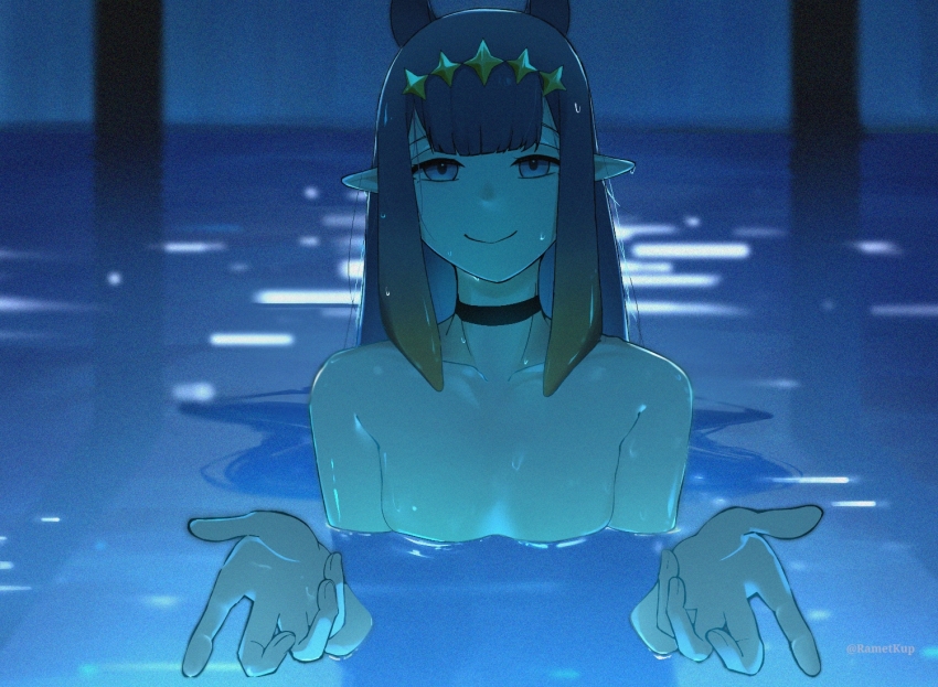 1girl blue_eyes chainsaw_man choker collarbone completely_nude gradient_hair hair_ornament hololive hololive_english in_water long_hair looking_at_viewer multicolored_hair ninomae_ina&#039;nis nude orange_hair parody pointy_ears pov purple_hair rametkup reaching reaching_towards_viewer scene_reference smile virtual_youtuber water