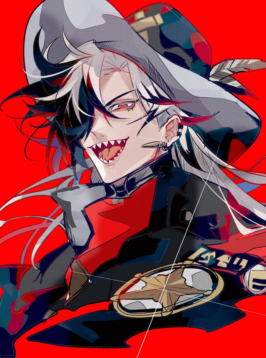 1boy absurdres black_eyes black_hair black_jacket boothill_(honkai:_star_rail) commentary_request cowboy cowboy_hat glowing glowing_eyes grey_hair hair_over_one_eye hat highres honkai:_star_rail honkai_(series) jacket long_hair looking_at_viewer male_focus multicolored_hair portrait red_background sharp_teeth sheriff_badge simple_background solo streaked_hair teeth u_5ham0 western