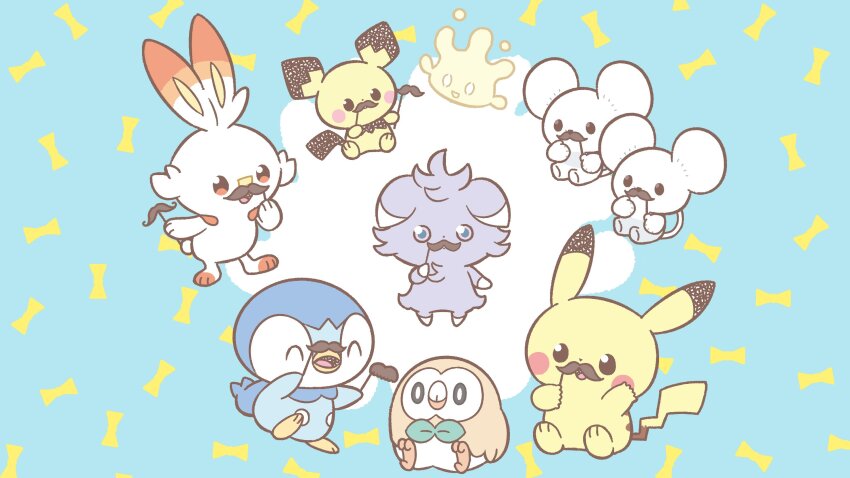^_^ bright_pupils closed_eyes commentary_request espurr fake_facial_hair fake_mustache gen_1_pokemon gen_2_pokemon gen_4_pokemon gen_6_pokemon gen_7_pokemon gen_8_pokemon highres holding milcery nintendo no_humans official_art open_mouth pichu pikachu piplup pokemon pokemon_(creature) pokemon_focus rowlet scorbunny smile tandemaus tongue