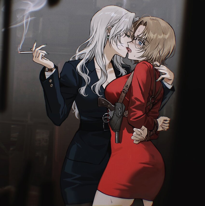 2girls absurdres arms_behind_back black_jacket black_skirt blue_eyes blush bound bound_wrists cigarette commentary cowboy_shot curtained_hair dress earrings formal_clothes french_kiss glasses green_eyes grey_hair grey_nails gun highres holding holding_cigarette holster jacket jewelry jodie_starling kiss kuga_huna lapels leg_between_thighs light_brown_hair meitantei_conan multiple_girls nail_polish notched_lapels pantyhose parted_bangs pencil_skirt red_dress rope shoulder_holster skirt smoke smoke_trail suit_jacket tearing_up tongue vermouth_(meitantei_conan) watch wavy_hair weapon wristwatch yuri