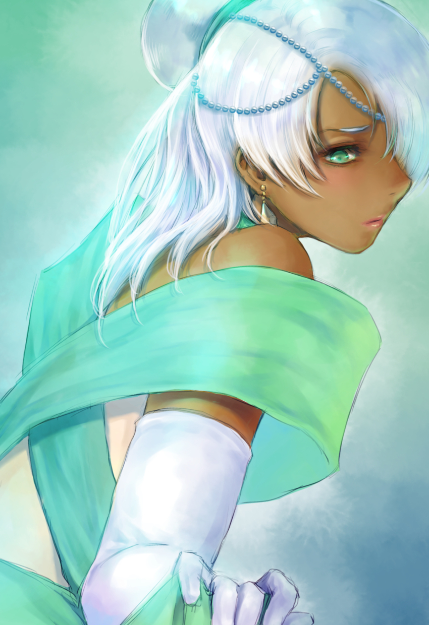 1boy bare_shoulders crossdressing dark-skinned_male dark_skin dress earrings elbow_gloves gloves gown green_dress green_eyes gundam hair_bun hair_over_one_eye highres jewelry laura_rolla lips lipstick loran_cehack makeup male_focus medium_hair single_hair_bun solo takeda_yuuko trap turn_a_gundam very_dark_skin white_gloves