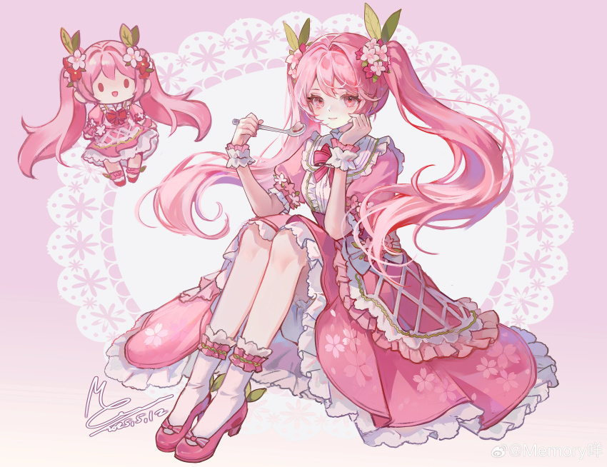 1girl absurdres alternate_costume bow bowtie buttons center_frills cherry_blossom_print cherry_blossoms chibi closed_mouth collared_dress dot_nose dress enmaided eyelashes floral_print flower food frilled_dress frilled_socks frilled_wrist_cuffs frills gradient_background hair_between_eyes hair_flower hair_ornament hand_on_own_cheek hand_on_own_face hatsune_miku high_heels highres holding holding_spoon knees_up leaf light_blush loose_hair_strand maid medium_dress memory_mie multiple_views open_mouth pink_background pink_bow pink_bowtie pink_dress pink_eyes pink_flower pink_shoes puffy_short_sleeves puffy_sleeves pumps ribbon-trimmed_socks ribbon_trim sakura_miku shoes short_sleeves sitting smile socks solid_oval_eyes spoon twintails vocaloid white_socks white_wrist_cuffs wrist_cuffs