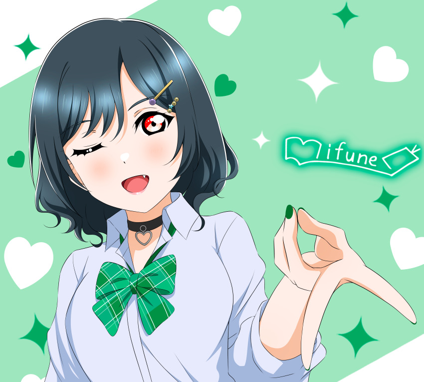 1girl ;d absurdres black_hair blush bow bowtie character_name character_signature choker collared_shirt commentary fang green_bow green_bowtie green_nails gyaru gyaru_v gyarugasaki hair_ornament hairpin heart heart_choker highres kogal kujo_awenn loose_bowtie love_live! love_live!_nijigasaki_high_school_idol_club mifune_shioriko nail_polish official_alternate_costume official_alternate_hairstyle official_style one_eye_closed open_mouth plaid_bow plaid_bowtie plaid_clothes red_eyes shirt short_hair simple_background smile solo sparkle three-quarter_sleeves upper_body v