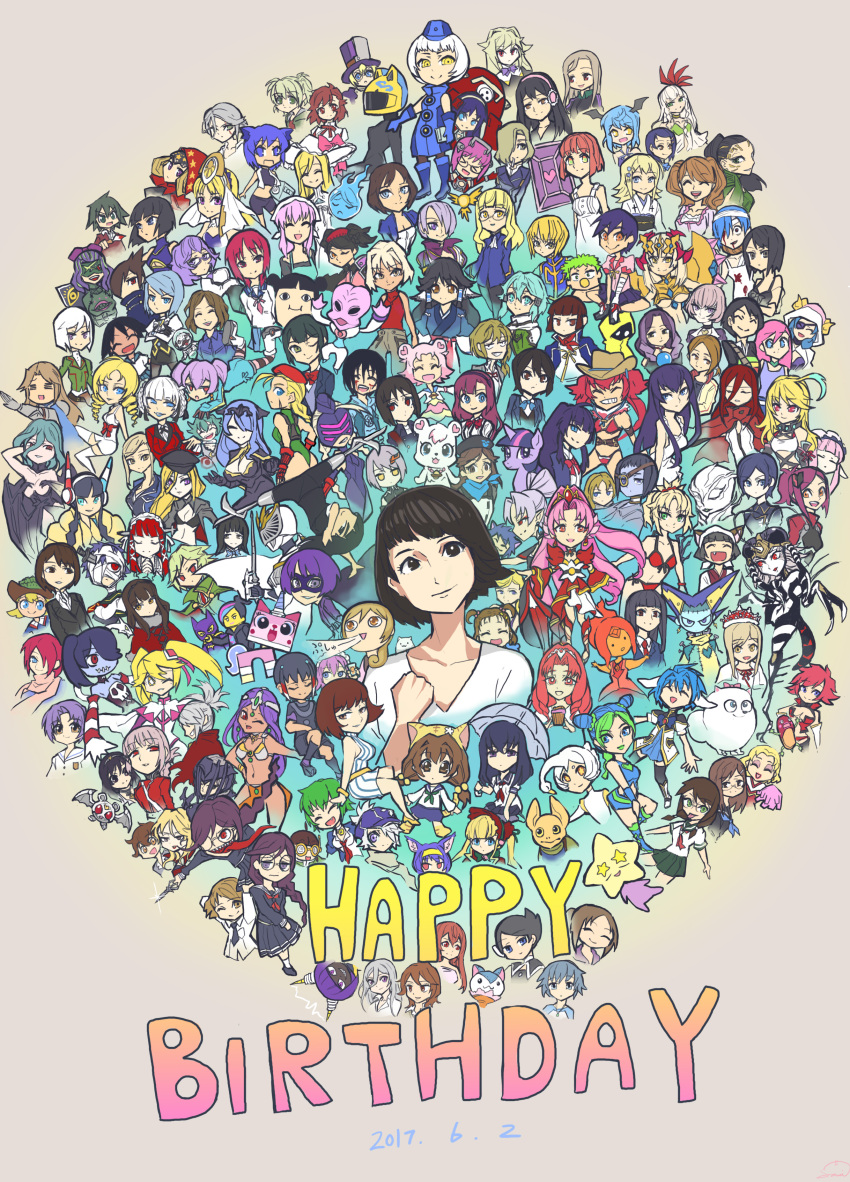 +persona_3 6+girls absurdres ace_attorney adventure_time animal_ears annotation_request beret black_hair black_necktie blonde_hair blue_hair brown_hair camilla_(fire_emblem) cammy_white celty_sturluson character_request closed_eyes collared_shirt copyright_request cowboy_hat danganronpa_(series) dog durarara!! elizabeth_(persona) english_text eye_mask eyepatch flame_princess forehead_jewel fukawa_toko gazelle_(kingsman) genocider_shou glasses green_hair grey_hair hair_between_eyes hair_ornament hair_over_one_eye happy_birthday hat helmet highres hit-girl holding holding_pom_poms holding_scissors holding_umbrella kick-ass kingsman:_the_secret_service mordred_(fate) mordred_(swimsuit_rider)_(fate) mordred_(swimsuit_rider)_(first_ascension)_(fate) motorcycle_helmet multiple_girls my_little_pony my_little_pony:_friendship_is_magic necktie nintendo odin_sphere one_eye_closed open_mouth persona pink_hair pokemon pom_pom_(cheerleading) pom_poms princess_unikitty purple_hair red_eyes red_hair red_hat sailor_collar samidare_satsuki sawashiro_miyuki school_uniform scissors shirt skullgirls smile street_fighter the_lego_batman_movie the_lego_group the_lego_movie the_secret_life_of_pets tongue tongue_out top_hat top_wo_nerae!_(series) top_wo_nerae_2! twilight_sparkle umbrella velvet_(odin_sphere) voice_actor_connection white_hair wyldstyle yoshino_chidori