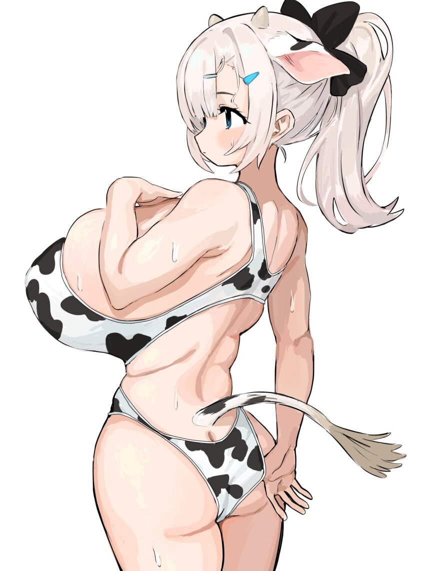 1girl animal_costume animal_ears animal_print ass bfmelu bikini breasts butt_crack cow_costume cow_ears cow_girl cow_horns cow_print cow_print_bikini cow_tail highres horns huge_breasts original ponytail print_bikini simple_background swimsuit tail white_background white_hair