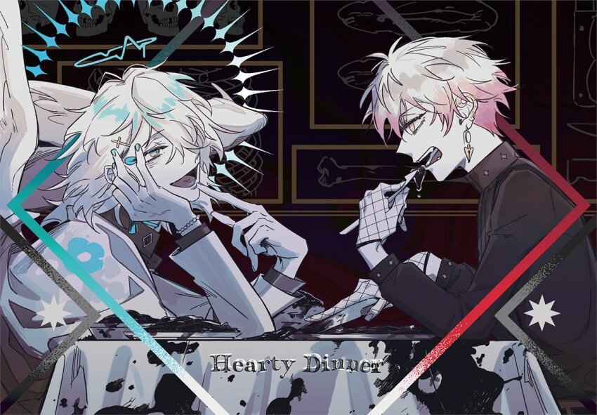 2boys angel_wings bead_bracelet beads black_blood black_shirt blood blue_eyes blue_eyeshadow blue_hair blue_halo box_tenshi bracelet cross_hair_ornament earrings eating eki_eveland elbow_rest eyeshadow fishnet_gloves fishnets fork gloves gradient_hair hair_between_eyes hair_ornament halo halo_behind_head hand_on_own_cheek hand_on_own_face holding holding_fork ike_eveland ike_eveland_(1st_costume) jewelry long_sleeves looking_at_another makeup multicolored_hair multiple_boys nijisanji nijisanji_en open_mouth qrcersl6r0zld54 red_hair shirt sitting streaked_hair tongue tongue_out virtual_youtuber vox_akuma vox_akuma_(1st_costume) white_hair wings