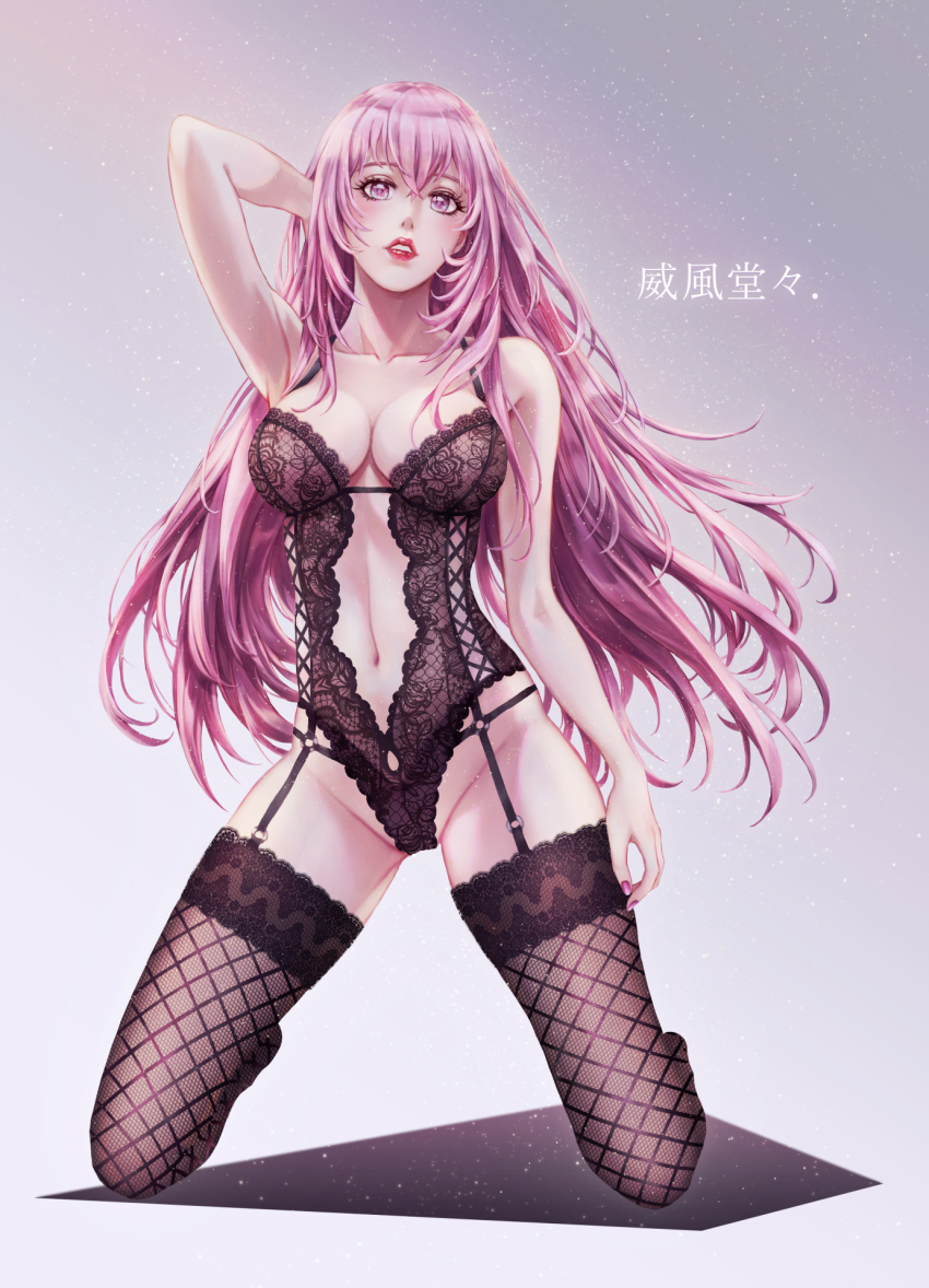 1girl arm_up armpits black_leotard breasts cleavage collarbone fishnet_thighhighs fishnets full_body garter_belt gradient_background grey_background hand_in_own_hair highleg highleg_leotard highres ifuudoudou_(vocaloid) kneeling large_breasts leotard lingerie long_hair megurine_luka navel parted_lips pink_eyes pink_hair red_lips sapphirez39 solo straight_hair thighhighs underwear very_long_hair vocaloid