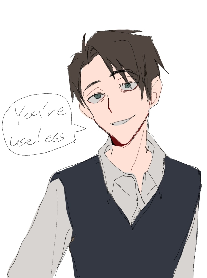 1boy beiquqian black_vest brown_hair character_request chinese_commentary collared_shirt copyright_request curtained_hair english_text green_eyes grey_shirt highres long_sleeves looking_at_viewer male_focus sanpaku shirt short_hair simple_background solo speech_bubble upper_body vest white_background
