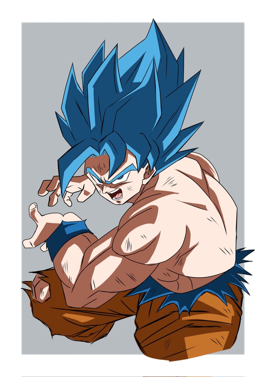 1boy akito_db blue_eyes blue_hair border cowboy_shot dragon_ball dragon_ball_super grey_background highres kamehameha_(dragon_ball) medium_hair muscular muscular_male open_mouth orange_pants pants powering_up serious shirtless_male simple_background solo son_goku spiked_hair super_saiyan super_saiyan_blue super_saiyan_god super_saiyan_god_ss topless_male white_border
