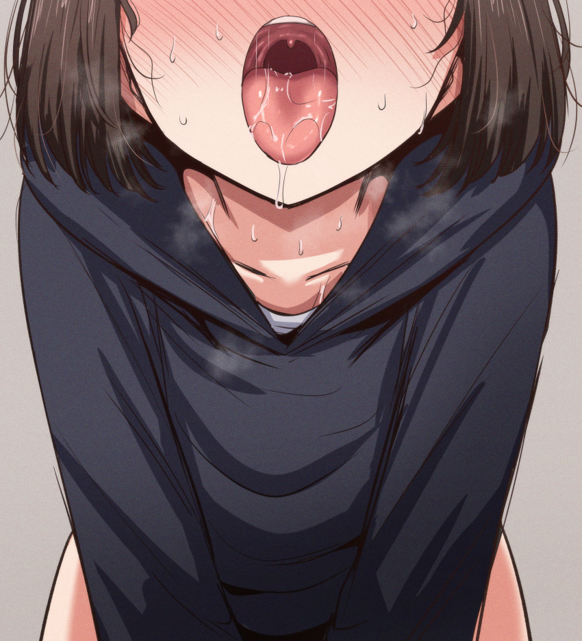 1girl absurdres all_fours black_hoodie blush brown_hair full-face_blush grey_background head_out_of_frame highres hood hood_down hoodie huge_filesize mame_rakko medium_hair mouth_focus open_mouth oral_invitation original sexually_suggestive simple_background solo sweat tongue tongue_out uvula