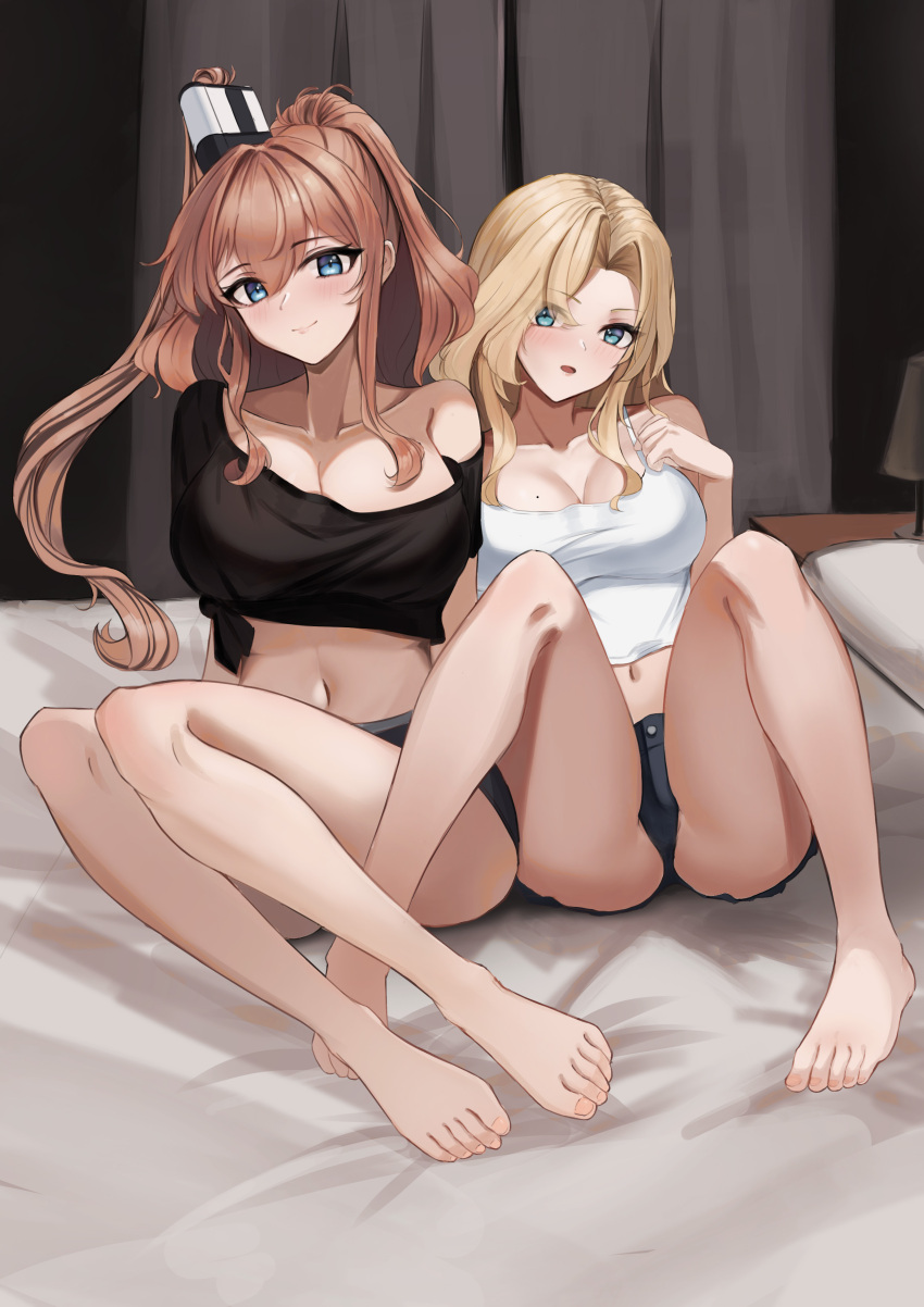 2girls absurdres black_vest blonde_hair blue_eyes blush breasts brown_hair cleavage commentary dimos_(dawn_1945) highres hornet_(kancolle) kantai_collection looking_at_viewer multiple_girls saratoga_(kancolle) sitting smile vest white_vest