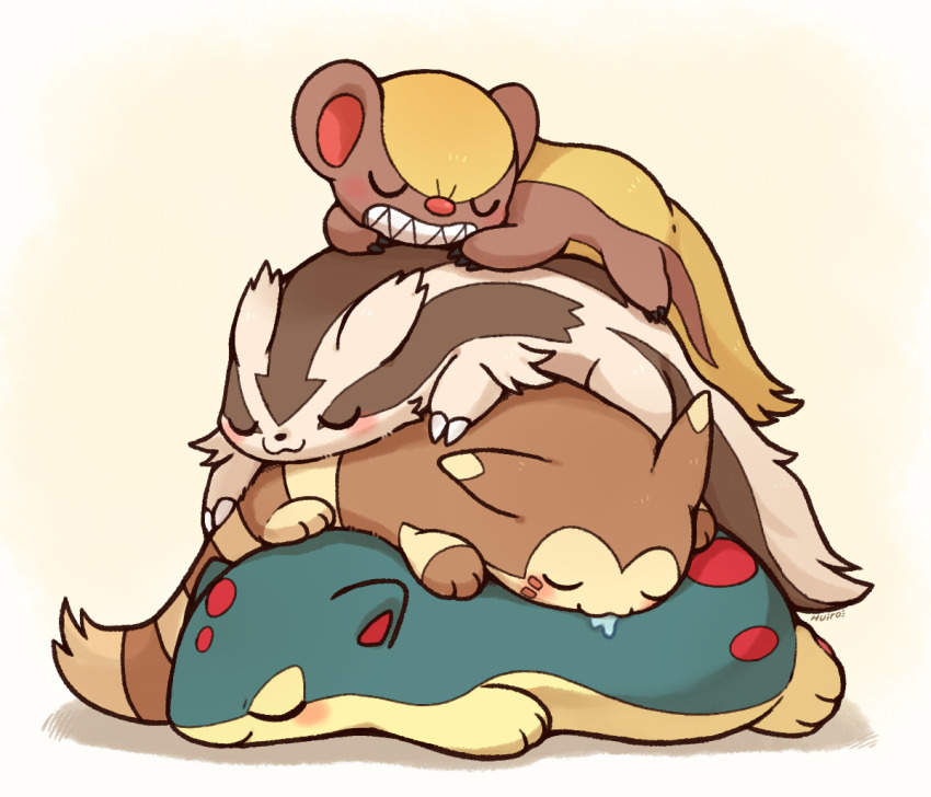 animal_focus blush claws closed_eyes closed_mouth commentary_request drooling furret gen_2_pokemon gen_3_pokemon gen_7_pokemon huiro linoone lying nintendo no_humans pokemon pokemon_(creature) quilava shadow simple_background sleeping smile yungoos