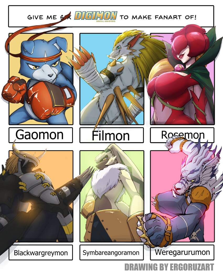 armor bandages bandana blackwargreymon blonde_hair breasts cape covered_eyes digimon digimon_(creature) ergoruzarts filmon flower gaomon highres looking_at_viewer mask petals rosemon smile spikes symbareangoramon thorns weregarurumon werewolf