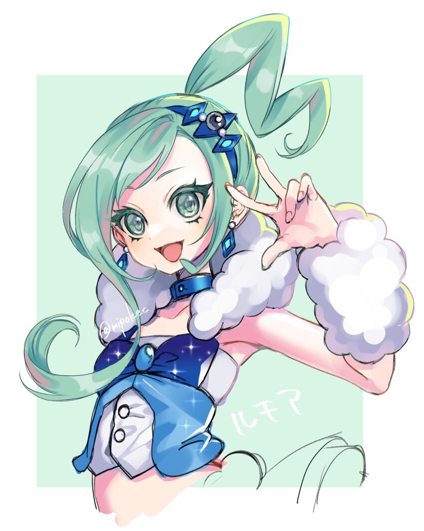 1girl :d arm_warmers blue_choker choker diamond_earrings earrings eyelashes green_eyes green_hair hair_ornament high_ponytail highres jewelry lisia_(pokemon) looking_at_viewer mipokec nintendo open_mouth pokemon pokemon_oras ponytail smile solo twitter_username upper_body
