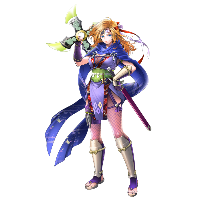 1girl absurdres arm_guards blonde_hair blue_eyes blue_scarf bodystocking breasts cleavage commentary fire_emblem fire_emblem:_radiant_dawn fire_emblem_heroes fishnet_bodystocking fishnets fuuma_shuriken hand_on_own_hip heather_(fire_emblem) heather_(ninja)_(fire_emblem) highres holding holding_shuriken holding_weapon japanese_clothes large_breasts long_hair looking_at_viewer ninja nintendo official_alternate_costume official_art pelvic_curtain sandals scarf shin_guards shuriken smile solo toyota_saori weapon zouri