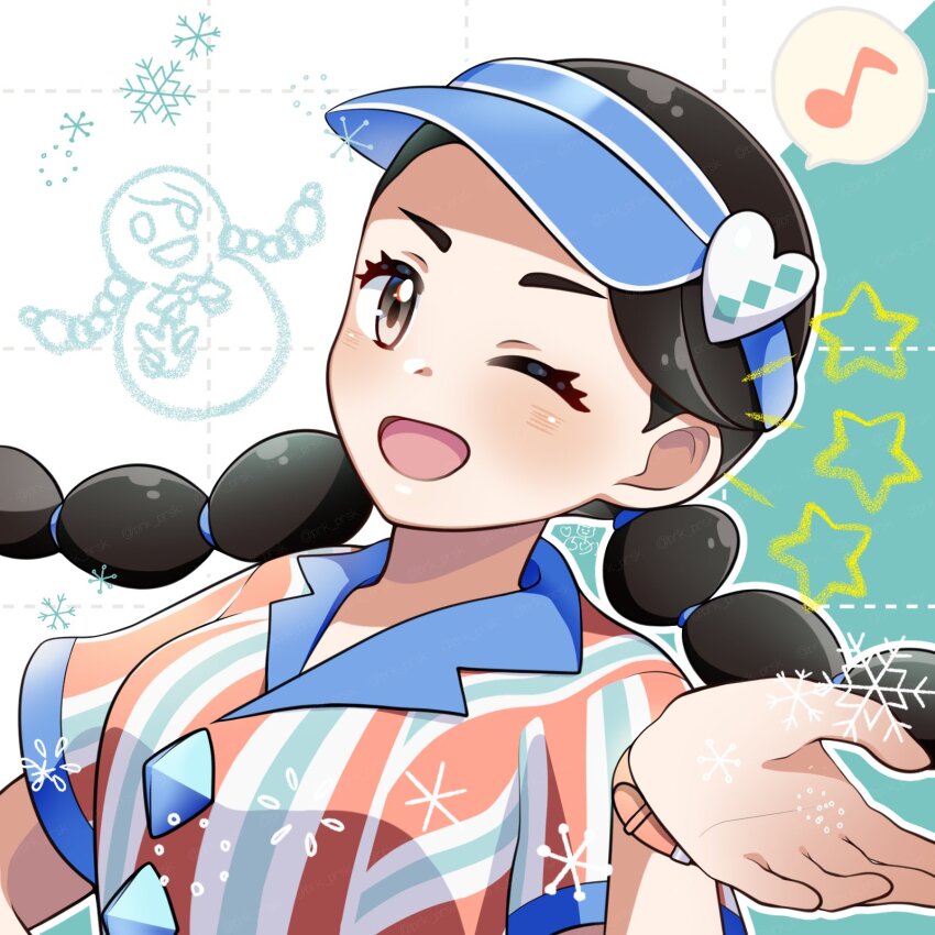 1girl ;d black_eyes black_hair braid candice_(palentine&#039;s_2024)_(pokemon) candice_(pokemon) character_snowman eyelashes highres long_hair looking_at_viewer musical_note nintendo official_alternate_costume one_eye_closed open_mouth pokemon pokemon_masters_ex prk_prsk short_sleeves smile snowflakes solo spoken_musical_note star_(symbol) twin_braids twitter_username upper_body visor_cap
