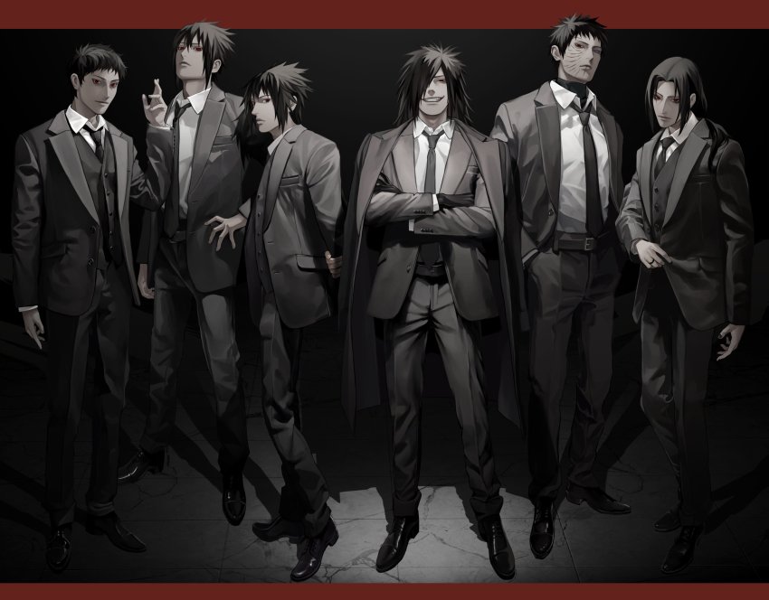 6+boys absurdres alternate_costume black_gloves black_hair black_pants black_suit brothers closed_mouth crossed_arms formal_clothes full_body gloves hands_in_pockets highres jacket long_hair looking_at_viewer mitendakara multiple_boys naruto_(classic) naruto_(series) naruto_shippuuden pants red_eyes rinnegan scar scar_on_face serious sharingan shirt short_hair siblings smile smirk standing suit uchiha_itachi uchiha_izuna uchiha_madara uchiha_obito uchiha_sasuke uchiha_shisui white_shirt