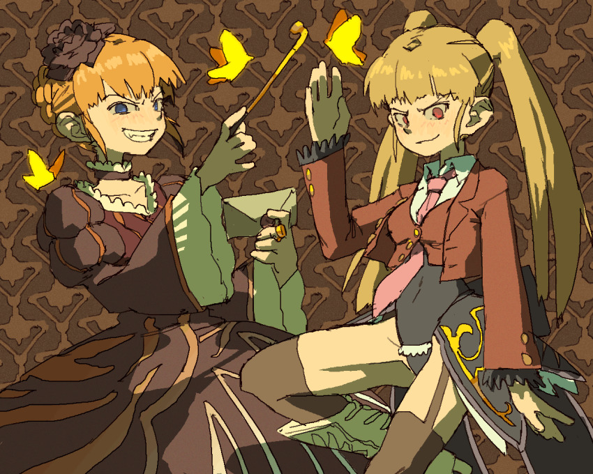 asmodeus_(umineko) beatrice_(umineko) blonde_hair blue_eyes bug butterfly dress highres bug jacket necktie pantsu-ripper smoking_pipe red_eyes thighhighs twintails umineko_no_naku_koro_ni