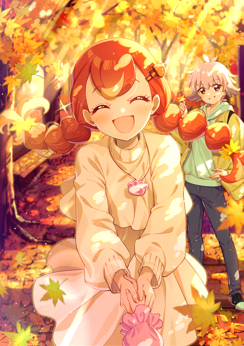 1boy 1girl :d ^_^ absurdres autumn black_pants brown_hair closed_eyes coat day dress facing_viewer green_sweater grey_hair grin hair_ornament hairclip highres hood hooded_sweater inukai_iroha inukai_komugi jewelry long_hair long_sleeves looking_at_viewer open_clothes open_coat open_mouth outdoors pants pendant precure red_eyes rice_rabbit22 smile spoilers sunlight sweater toyama_daifuku twintails white_dress wonderful_precure! yellow_coat