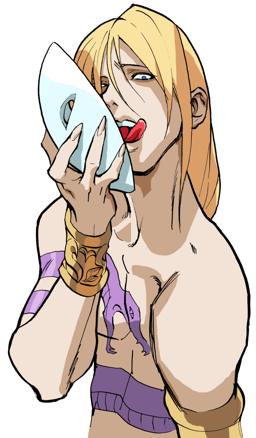 1boy bengus blonde_hair blue_eyes braid crazy_eyes game_cg highres holding holding_mask long_hair looking_at_viewer male_focus mask non-web_source official_art pectorals portrait simple_background snake_tattoo solo street_fighter street_fighter_zero_(series) tattoo teeth tongue tongue_out upper_body vega_(street_fighter) very_long_hair