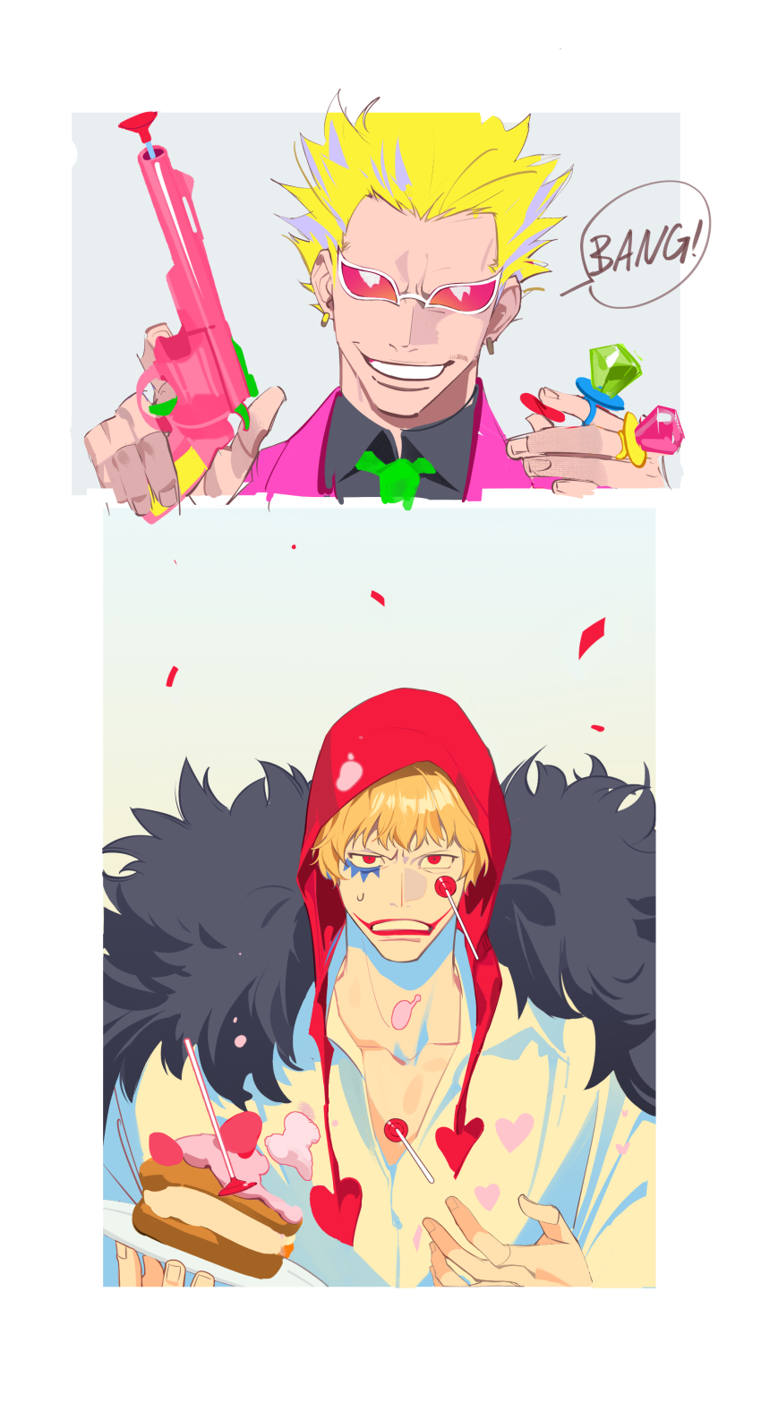 2boys absurdres arms_up black_coat black_shirt blonde_hair brothers cake cake_slice coat collared_shirt donquixote_doflamingo donquixote_rocinante earrings english_text firing food gun heart heart_print highres holding holding_gun holding_plate holding_weapon jacket jewelry makeup multiple_boys multiple_rings one_piece open_mouth pink_jacket plate red_eyes red_hood ring shirt short_hair siblings smile speech_bubble sunglasses teeth tobu_(bilibil) weapon white_shirt