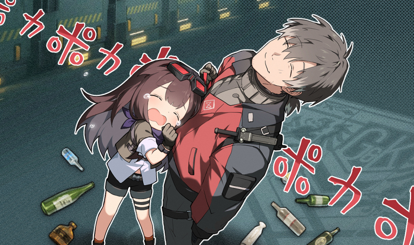 1boy 1girl black_gloves black_hair black_pants black_shorts bottle brown_hair closed_eyes commander_(girls&#039;_frontline) commentary english_commentary girls&#039;_frontline girls&#039;_frontline_2:_exilium gloves goggles goggles_on_head honi_(ohohoni) jacket long_hair mayling_shen_(girls&#039;_frontline_2) meme multicolored_jacket one_side_up open_mouth pants poka_poka_(meme) shirt short_shorts shorts smile two-tone_jacket white_shirt