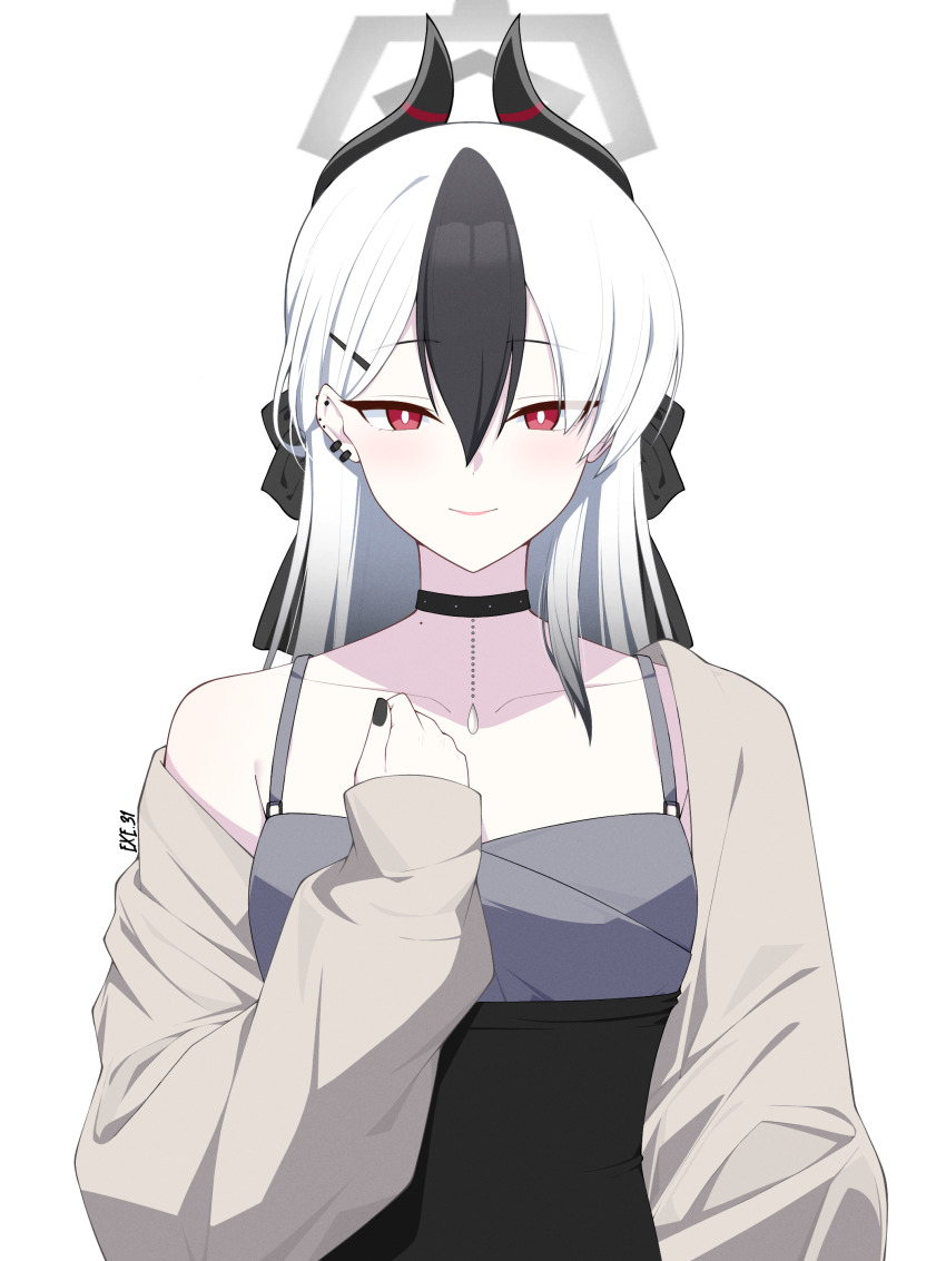 1girl absurdres artist_name black_bow black_choker black_dress black_hair black_horns black_nails blue_archive bow bright_pupils brown_cardigan cardigan choker clenched_hand collarbone commentary demon_horns dress ear_piercing exe.31 grey_halo hair_bow hair_ornament hairclip halo hand_on_own_chest highres horns kayoko_(blue_archive) kayoko_(dress)_(blue_archive) looking_at_viewer multicolored_hair official_alternate_costume open_cardigan open_clothes pendant_choker piercing red_eyes single_off_shoulder sleeveless sleeveless_dress solo streaked_hair symbol-only_commentary tsurime two-tone_hair upper_body white_background white_hair white_pupils