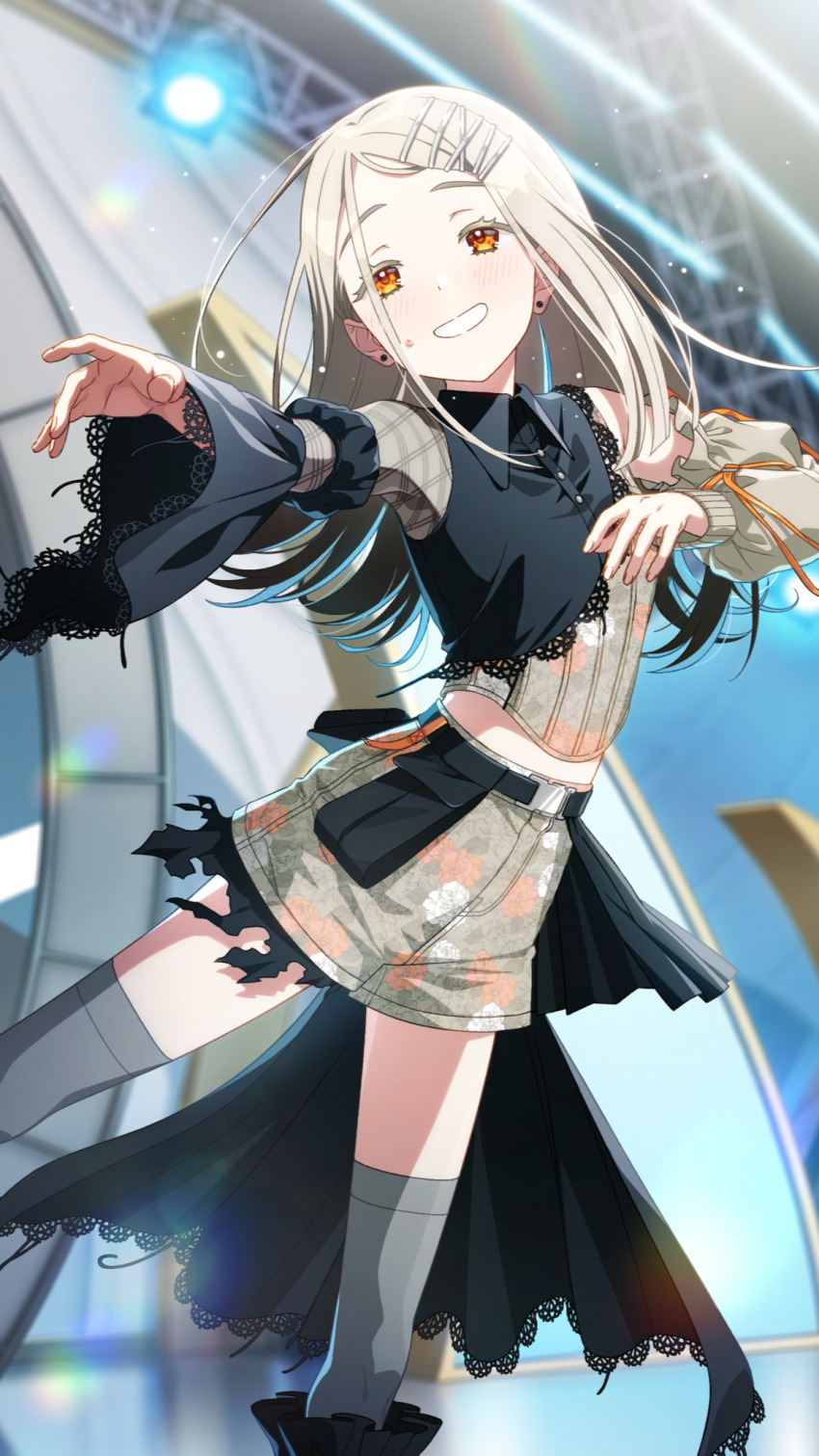 1girl asymmetrical_sleeves belt black_belt blonde_hair buttons collared_shirt colored_eyelashes contrast_(idolmaster) detached_sleeves earrings floral_print gakuen_idolmaster game_cg grey_thighhighs grin hair_ornament hairclip highres idol_clothes idolmaster jewelry official_art orange_eyes reaching shinosawa_hiro shirt short_shorts shorts single_detached_sleeve smile solo stage_lights thighhighs