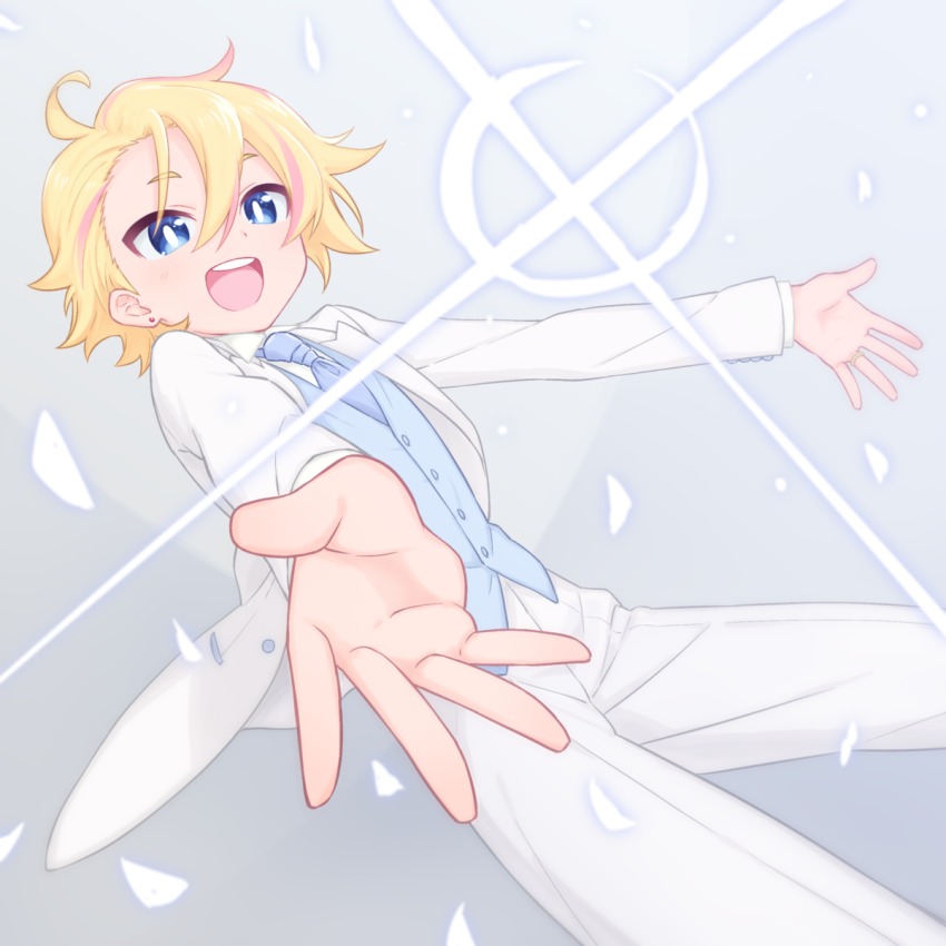 10s 1boy ahoge alpha_omega_nova blonde_hair blue_eyes blue_necktie bright_pupils diffraction_spikes ear_piercing grey_background highres looking_at_viewer mt.somo multicolored_hair necktie open_mouth petals piercing simple_background smile spoilers streaked_hair tuxedo uchuu_patrol_luluco vest waistcoat