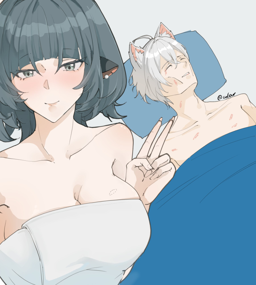 1boy 1girl ahoge animal_ears bite_mark black_hair blush breasts cat_ears closed_eyes closed_mouth colar_(lumisimp1) commentary crossed_bangs earrings english_commentary exhausted fingernails grey_eyes guy_tired_after_sex_(meme) hair_between_eyes hand_up head_on_pillow hetero hickey highres implied_after_sex jane_doe_(zenless_zone_zero) jewelry large_breasts long_hair looking_at_viewer lying meme mouse_ears naked_towel on_back parted_lips pillow satisfied seth_lowell short_hair smile stud_earrings sunken_cheeks towel under_covers v zenless_zone_zero