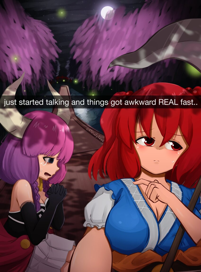 2girls aura_(sousou_no_frieren) black_gloves boat braid breasts brown_sash cleavage closed_mouth cloudykeyz commentary crossover crying crying_with_eyes_open demon_girl elbow_gloves english_commentary english_text fireflies full_moon gloves gold_necklace hair_bobbles hair_ornament highres horns interlocked_fingers jewelry long_hair low-braided_long_hair low-tied_long_hair moon multiple_braids multiple_girls necklace night night_sky obi on_boat onozuka_komachi open_mouth own_hands_together purple_hair quad_braids red_eyes red_hair sash scythe selfie sky sousou_no_frieren sweatdrop tears touhou two_side_up watercraft