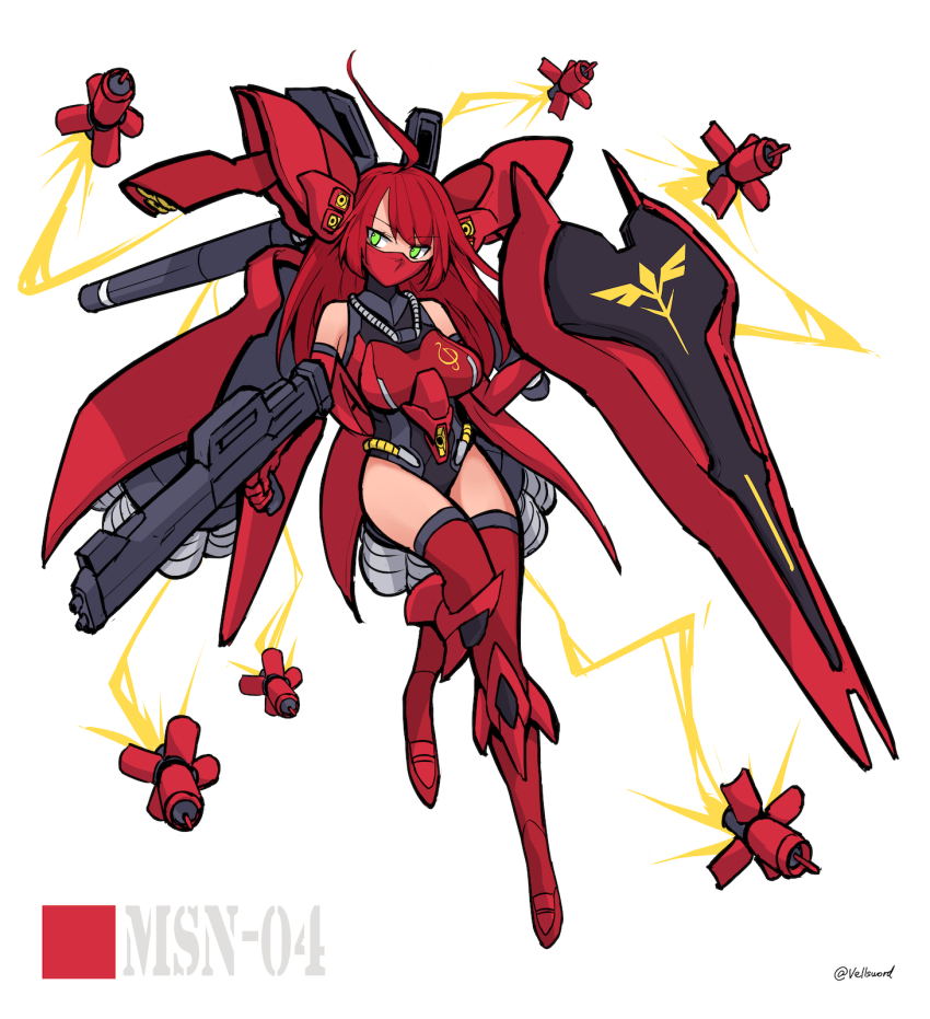 1girl ahoge armor beam_rifle breasts char&#039;s_counterattack commentary elbow_gloves emblem energy_gun funnels_(gundam) gloves green_eyes gundam highres i.takashi insignia leotard long_hair mask mecha_musume medium_breasts mouth_mask ninja_mask red_footwear red_hair red_thighhighs sazabi shield sidelocks signature solo thighhighs thrusters twitter_username weapon white_background