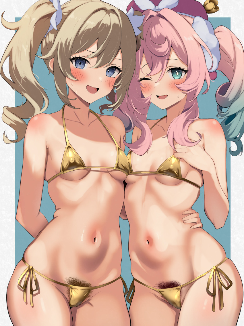 2girls absurdres aqua_eyes armpit_crease asymmetrical_docking barbara_(genshin_impact) bikini blue_eyes blush breast_press breasts commentary covered_erect_nipples female_pubic_hair genshin_impact gold_bikini groin hair_between_eyes hand_on_another&#039;s_hip hat highres honkai:_star_rail honkai_(series) hyacine_(honkai:_star_rail) looking_at_viewer medium_hair multiple_girls navel one_eye_closed open_mouth pink_hair pink_hat pubic_hair short_twintails side_ponytail small_breasts smile stomach swimsuit twintails yuni_tofu