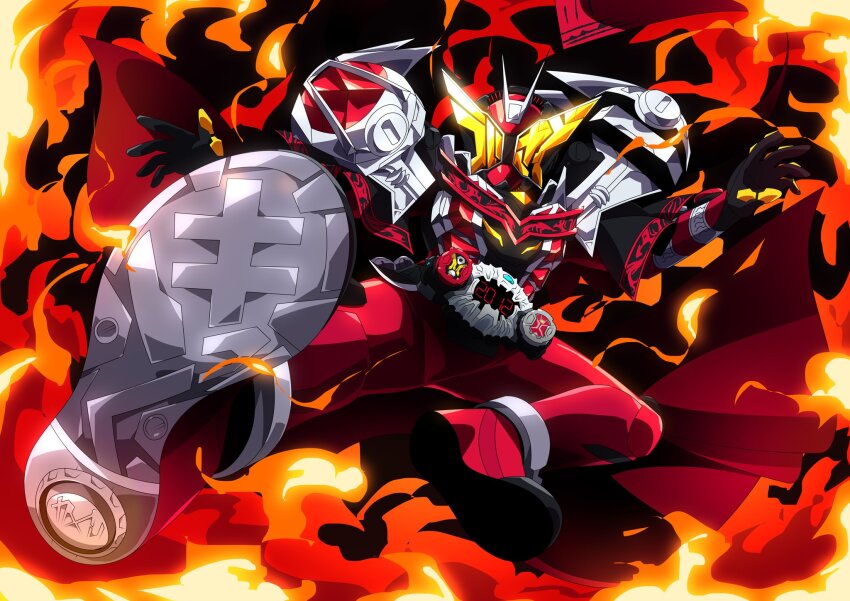 1boy 2012 explosion finishing_move fire flame_style flying_kick foreshortening highres kamen_rider kamen_rider_geiz kamen_rider_wizard kamen_rider_wizard_(series) kamen_rider_zi-o_(series) katakana kicking male_focus open_hands otokamu outstretched_arms rider_kick robe spread_arms wizard wizard_armor wizard_rider_watch yellow_eyes ziku_driver
