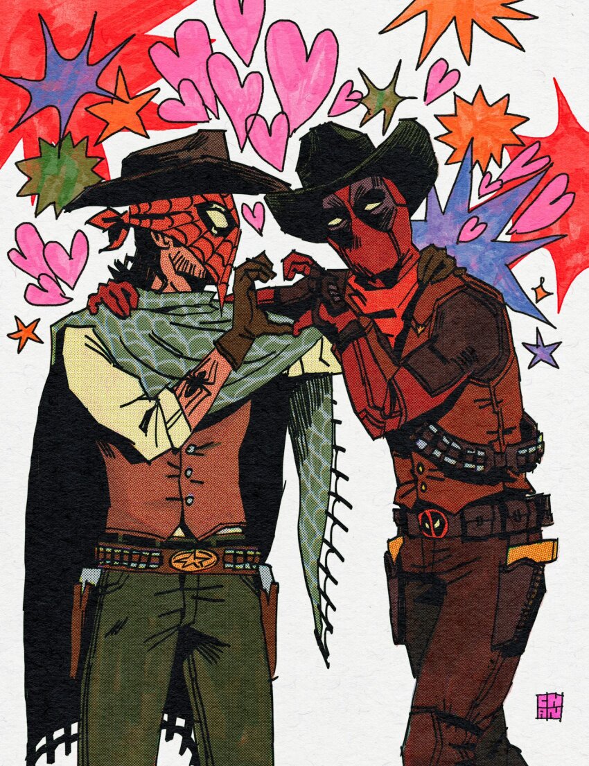 2boys arm_tattoo artist_logo artist_name belt cape chan_(flesh.png) character_request cosplay cowboy_hat deadpool deadpool_(series) gloves gun hat heart highres holding logo long_sleeves male_focus marvel mask multiple_boys pants red_dead_redemption_(series) shirt spider-man spider-man_(cosplay) spider-man_(series) standing tattoo weapon white_background