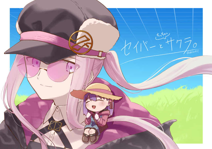 2girls akairo421 bag blue_overalls blush brown_bag chibi closed_eyes closed_mouth commentary_request fate/grand_order fate_(series) floating_hair grass hat highres hood hood_down hoodie long_hair matou_sakura medusa_(fate) medusa_(saber)_(fate) medusa_(saber)_(first_ascension)_(fate) mini_person minigirl multiple_girls newsboy_cap overalls paper_moon_(fate/grand_order) pink-tinted_eyewear pink_hair pink_hoodie purple_hair sakura_(paper_moon) sidelocks sitting_on_shoulder size_difference smile straw_hat sunglasses tinted_eyewear twitter_username