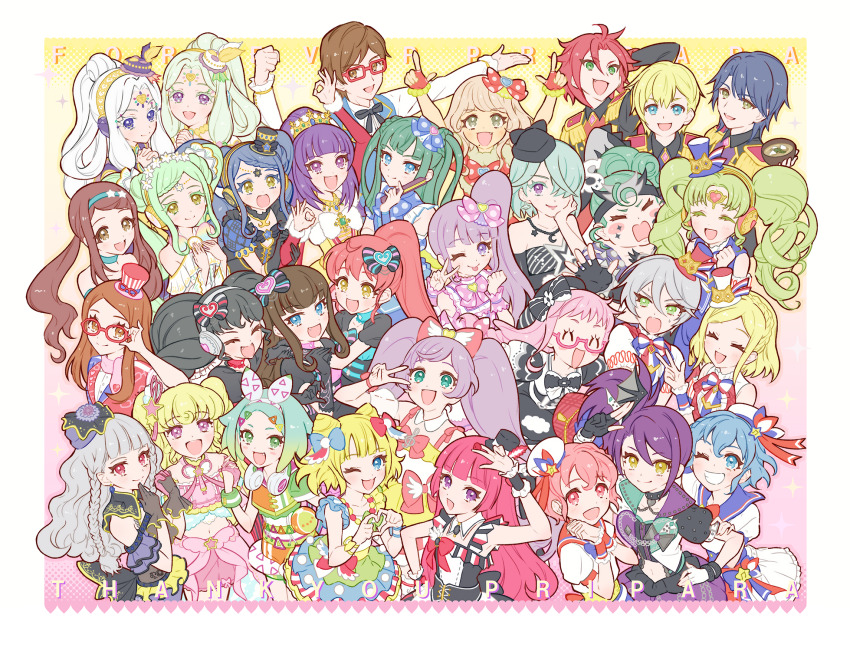 5boys 6+girls akai_meganee akai_meganii black_hair blonde_hair blue_eyes blue_hair bow braid brown_eyes brown_hair character_request closed_eyes dorothy_west earrings ehime_nao everyone falulu fang fingerless_gloves flower food gaaruru_(pripara) garara_s_leep glasses gloves green_eyes green_hair grey_hair hair_bow hair_flower hair_ornament hair_over_one_eye hairband hanazono_shuka hand_fan hat headphones headphones_around_neck highres hojo_cosmo hojo_sophy holding holding_fan holding_hands idol_time_pripara jewelry kiki_ajimi kurosu_aroma manaka_laala manaka_non midorikaze_fuwari minami_mirei mini_hat mini_top_hat mitaka_asahi mole mole_under_eye multicolored_bow multiple_boys multiple_girls nabeshima_chanko nanahoshi_aira navel necklace nijiiro_nino one_eye_closed open_mouth pink-framed_eyewear pink_eyes pink_hair pretty_series pripara purple_eyes purple_hair red-framed_eyewear red_hair renkon_(renrenrenkonkon) reona_west shikyoin_hibiki shiratama_mikan shiratori_anju smile spotted_bow taiyo_pepper takase_koyoi top_hat toudou_shion tsukikawa_chili twintails v white_hair yumekawa_shogo