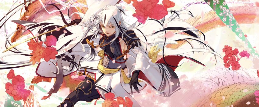 1girl armor black_gloves black_hair dragon eastern_dragon fate/grand_order fate_(series) flower gloves half_updo highres holding holding_sword holding_weapon japanese_armor katana kikkoumon long_hair multicolored_hair nagao_kagetora_(fate) partially_fingerless_gloves sash shoulder_armor sode solo streaked_hair sword two-tone_hair very_long_hair watatuki_guda weapon white_hair yellow_eyes yellow_sash