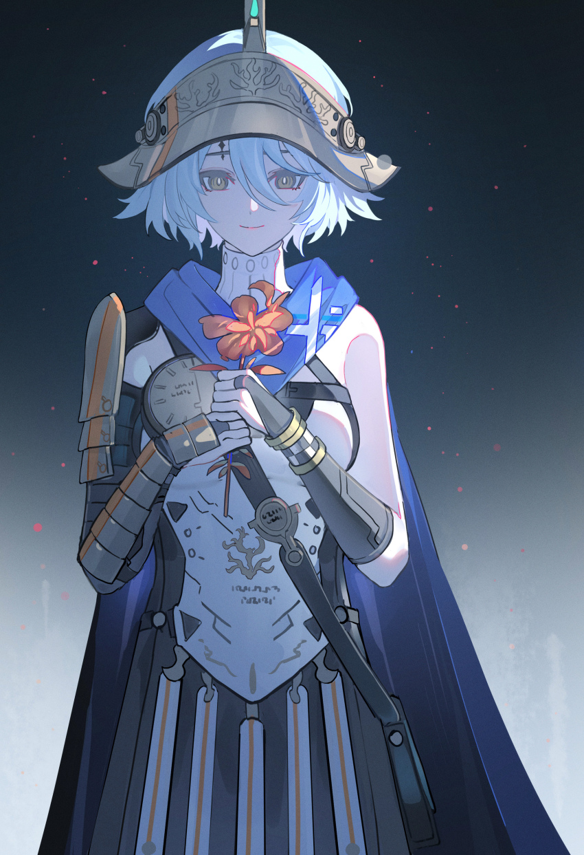 1girl absurdres armor black_bridal_gauntlets blue_cape blue_hair breasts bridal_gauntlets cape closed_mouth cowboy_shot echj flower hair_between_eyes helmet highres holding holding_flower light_smile looking_at_viewer medium_breasts missing_commentary mya_(wuthering_waves) red_flower short_hair shoulder_armor solo tacet_mark_(wuthering_waves) wuthering_waves yellow_eyes