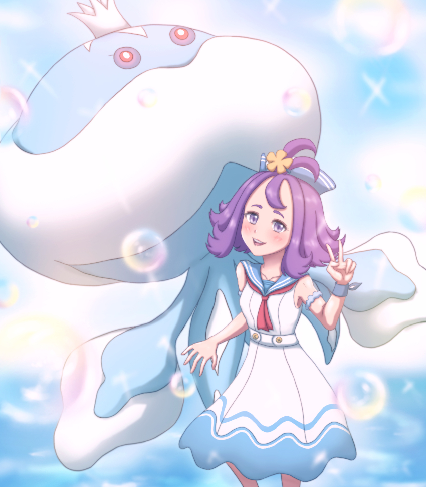 1girl acerola_(pokemon) acerola_(summer_2024)_(pokemon) blue_sailor_collar blue_skin blush collarbone colored_skin dress forest_(simise) gen_5_pokemon highres jellicent jellicent_(male) nintendo official_alternate_costume pokemon pokemon_(creature) pokemon_masters_ex purple_eyes purple_hair sailor_collar smile tentacles topknot v white_dress
